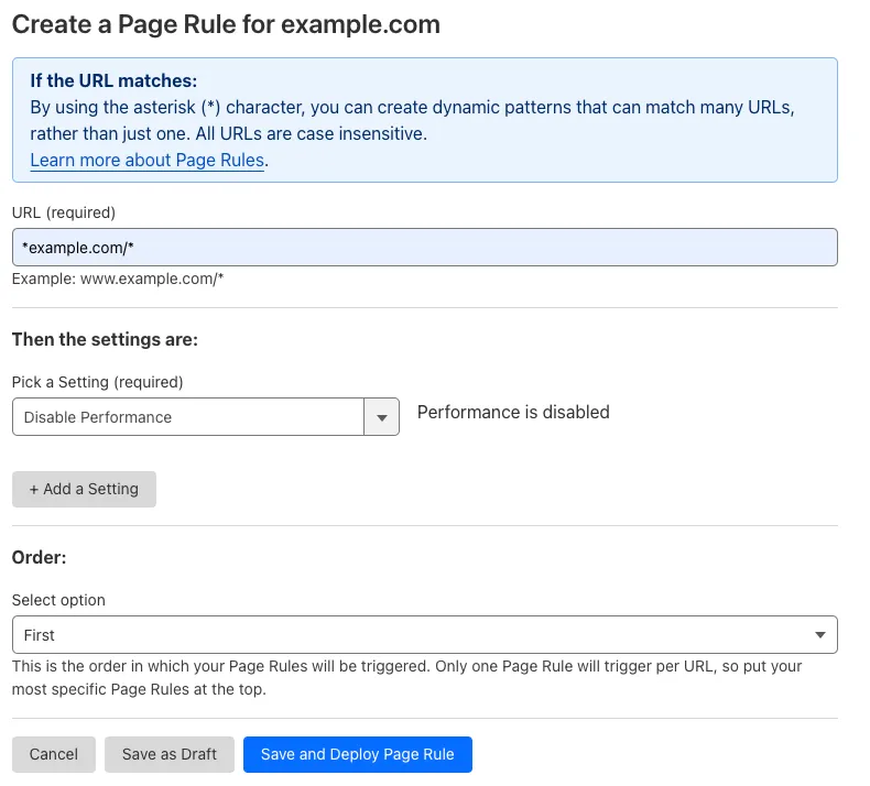 Example Page Rule with 'Disable Performance' setting