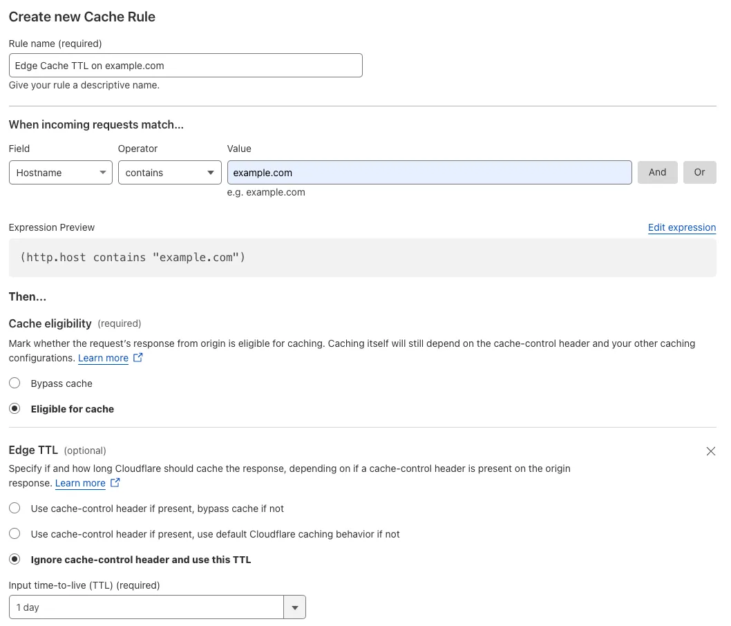 Cache rule matching the 'Edge Cache TTL' setting of the example Page Rule