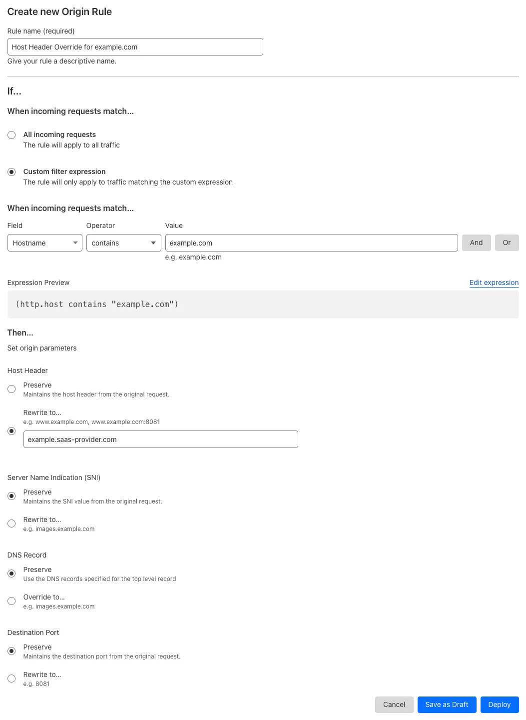 Origin rule matching the 'Host Header Override' setting of the example Page Rule