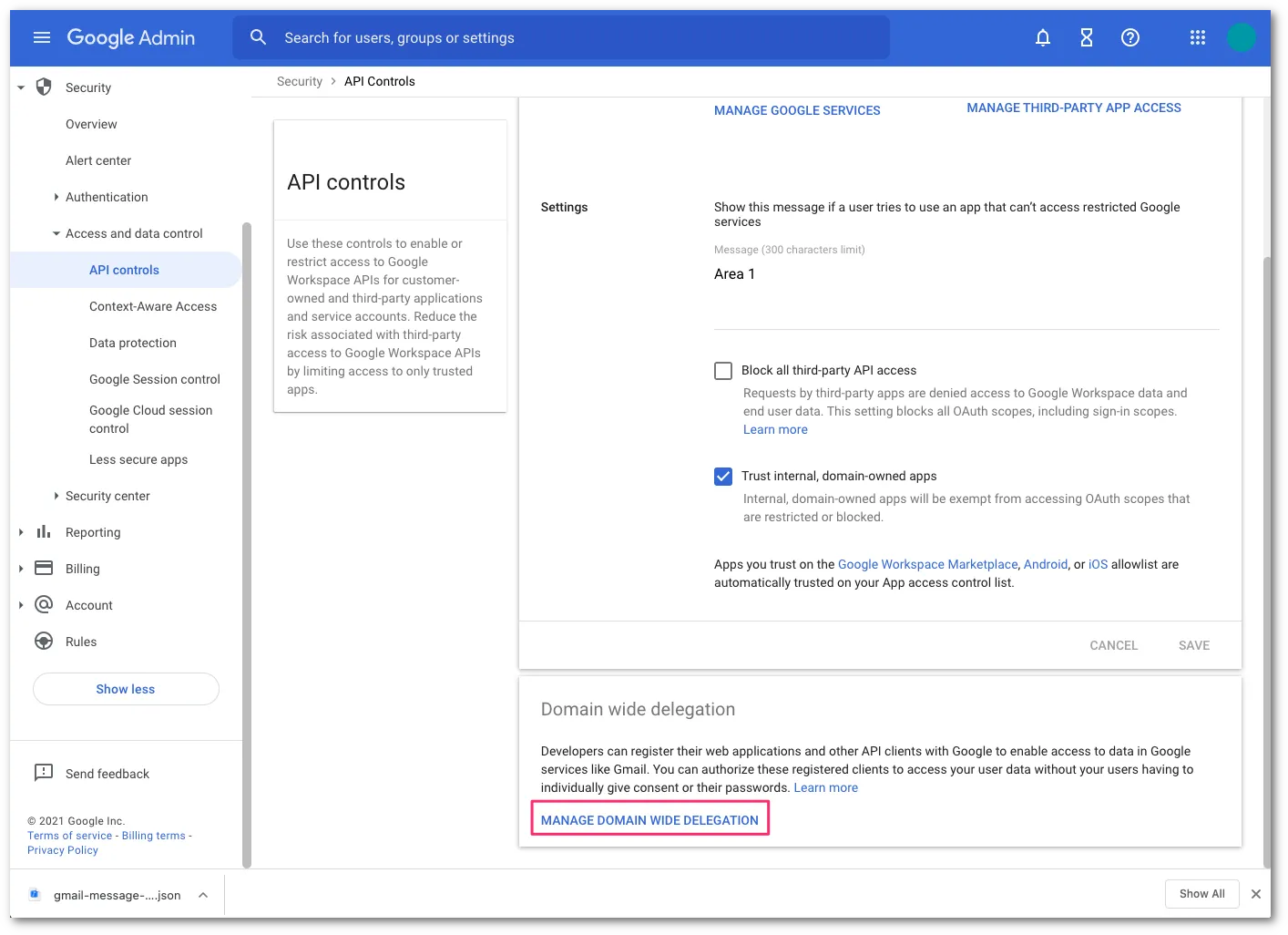 Select Manage domain wide delegation